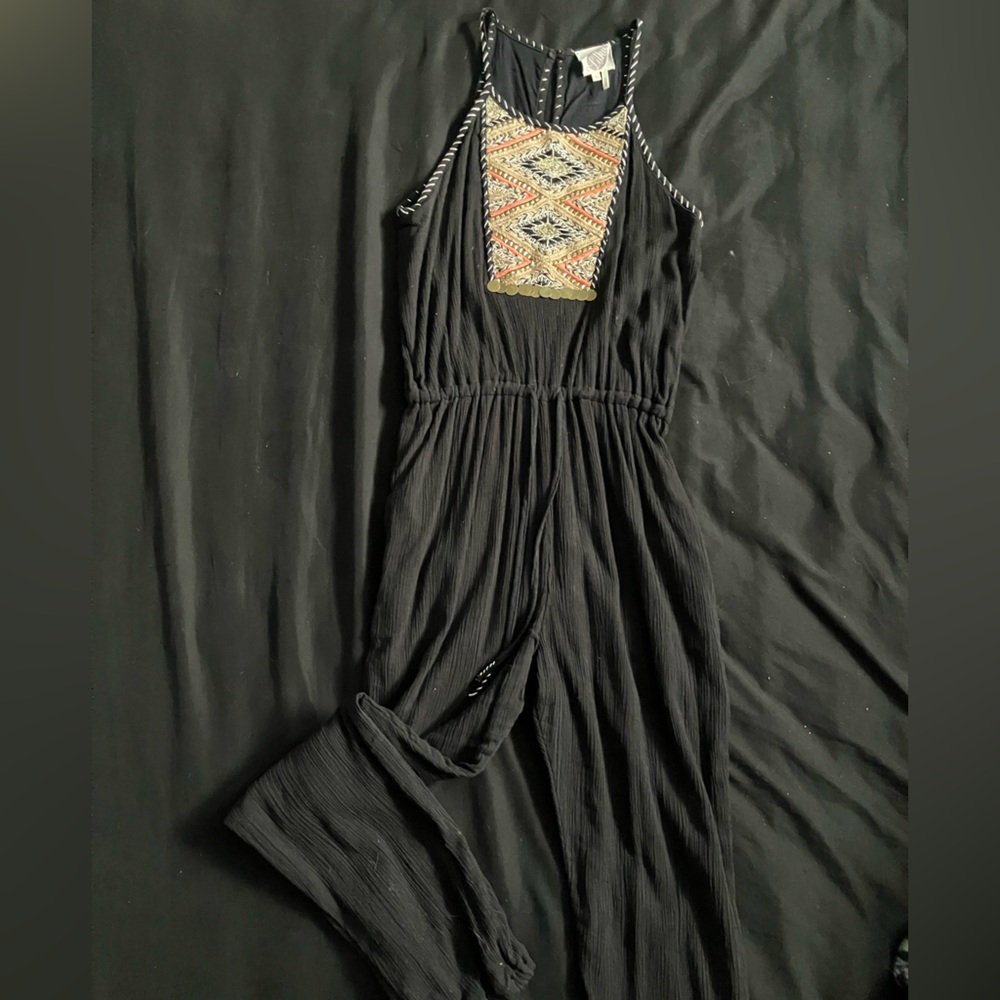 Anthropologie Black Jumpsuit with Multicolor Embroidery
